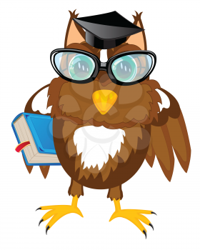 Bird owl professor with book on white background