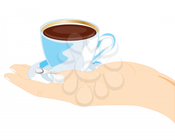 Stretching hand with cup coffee on white background