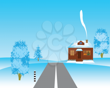 Vector illustration of the winter landscape with house and roads