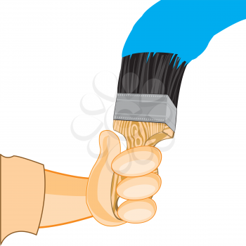 Hand of the person with hand and blue paint on white background