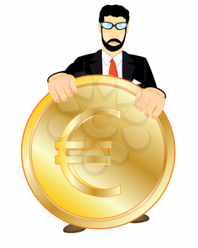 Golden coin in hand of the person on white background is insulated