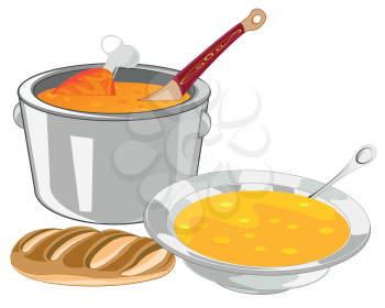 The Saucepan and plate of soup on table.Vector illustration