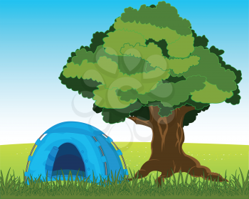 The Blue tourist tent on nature under tree.Vector illustration