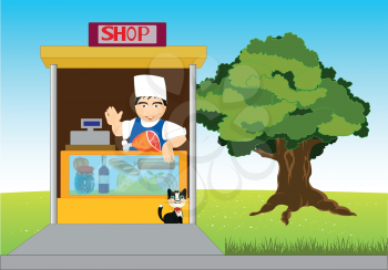 The Small shop with product beside roads.Vector illustration