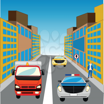 The Street in big city and cars.Vector illustration