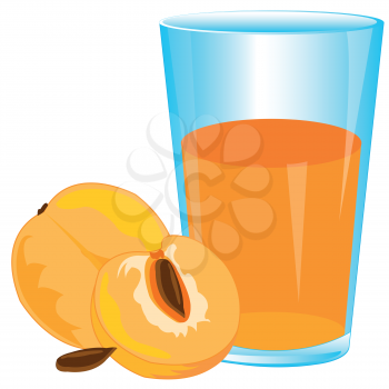 Glass of juice and peaches on white background is insulated