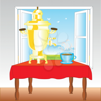 Open window in room and samovar on table