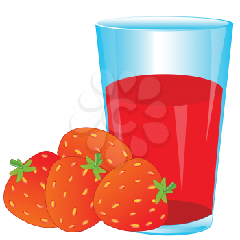 Glass of juice and ripe berries of the strawberries on white background