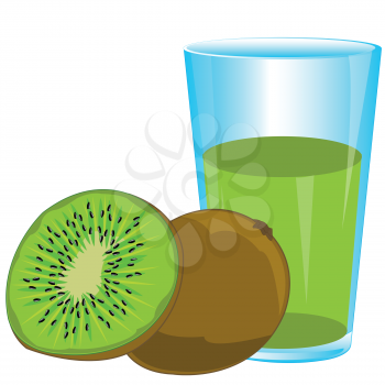 Fruits kiwi and glass with juice on white background