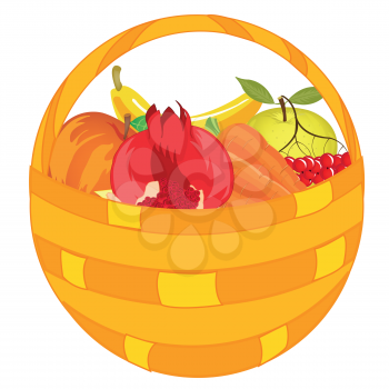 Braided basket with fruit and vegetable on white background