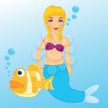 Girl mermaid and fish sail in water