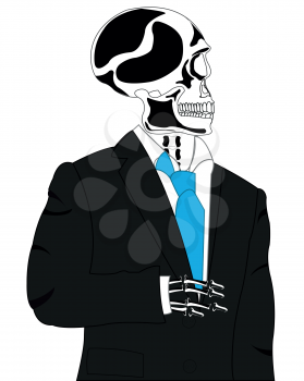 Skeleton of the person in black suit on white background