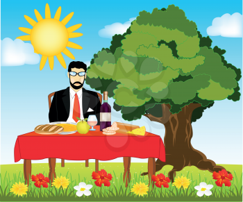 Covered table with meal and man on nature