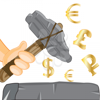 Hand with stone axe gaining money signs
