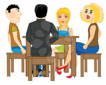 People men and women sit for wooden table
