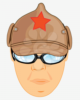 Man bespectacled in headgear budenovka on white background is insulated