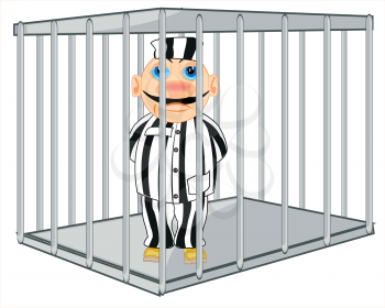 Man prisoner in iron hutch on white background is insulated