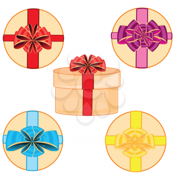 Vector illustration round box gift decorated bow of the varied colour