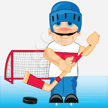 Man hockey player in send and with hockey stick on stadium