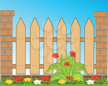 Vector illustration of the decorative fence from brick and boards