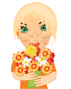 Making look younger girl with bouquet flower on white background is insulated