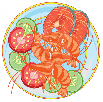 Dish with prawn and fish on white background is insulated