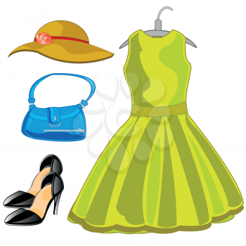 Gown,hat and other feminine belongings on white background