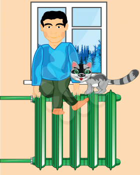 Vector illustration radiator in room and man and cat get warm on her