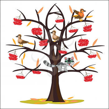 Tree of rowanberry with berry and birds autumn on him