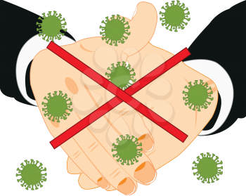 Two hands of the person in greeting and bacteria coronavirus