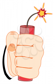 Hand of the person with dynamite and burning wick