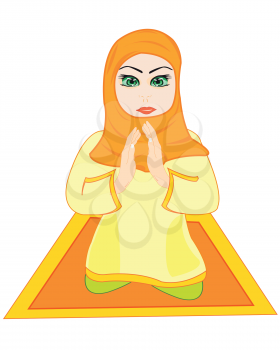 Making look younger girl is prayed on small rug on white background is insulated