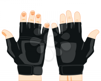 Hands of the person in black glove without finger