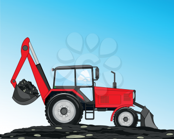 Vector illustration of the cartoon of the tractor digging ground by scoop