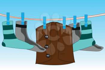 Vector illustration of the clean linen drying on rope on background sky