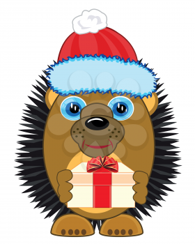 Animal hedgehog in new year s hat and with gift