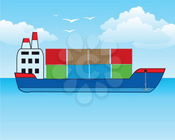 Vector illustration of the big nave in cargo in container in open sea