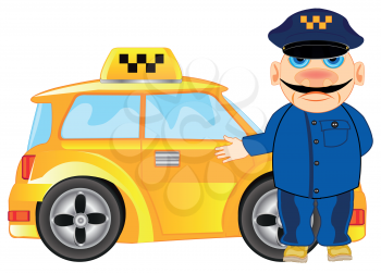 Vector illustration of the cartoon men taxi driver inviting passenger