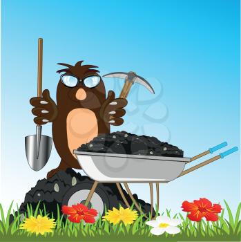 Animal mole loads wheelbarrow by land by means of shovels and pickax