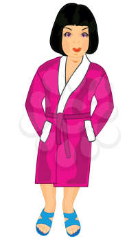 Making look younger attractive girl in home robe and schist