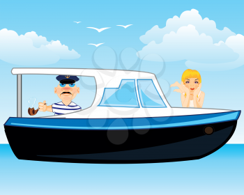 Vector illustration of the cartoon of the sailboat with captain and reposing girl seaborne