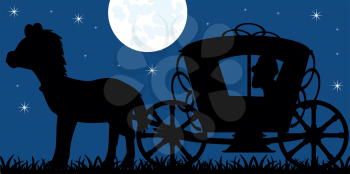 Horse with coach black silhouette on background starry in the night