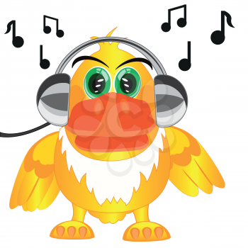 Vector illustration of the bird in earphone and music on white background is insulated