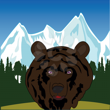 Head animal bear and landscape of the mountains with wood