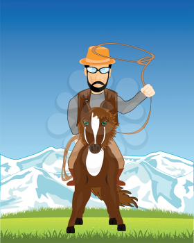 Cowpuncher with lasso on horse on background of the wild nature