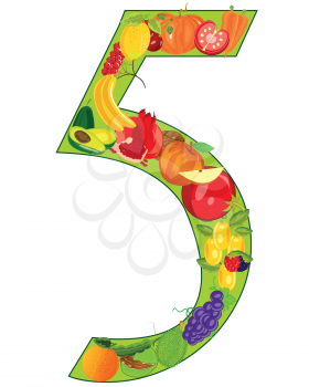 Vector illustration of the numeral five from fruit and vegetables