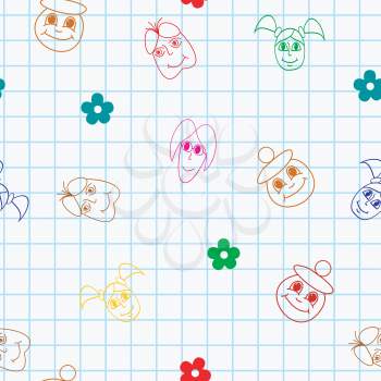 Royalty Free Clipart Image of a Graph Paper Background With Cartoon Icons of Childrens Faces