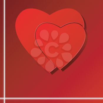Royalty Free Clipart Image of a Valentine Card With a Smaller Heart in Front of a Larger Heart on a Red Background
