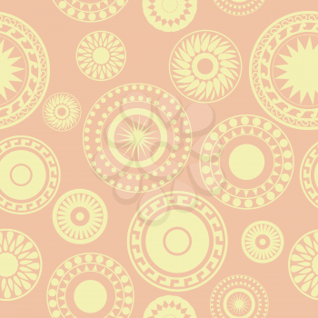 Royalty Free Clipart Image of a Retro Background With a Variety of Different Patterned Circular Symbols