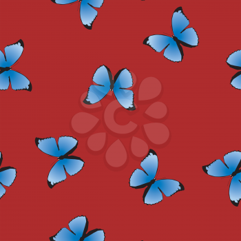 Royalty Free Clipart Image of a Red Background With Beautiful Blue Butterflies
